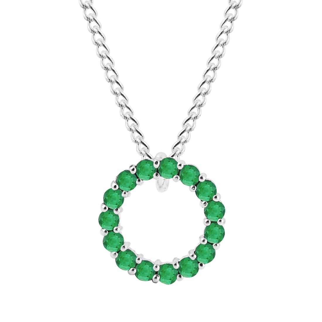 Natural Emerald 14 KT White Gold Pendant Ring Shape: Natural Emerald 14 KT White Gold Pendant Ring Shape Jewelry Type : Pendant Main Stone : Emerald Main Stone Shape & Size : Round 2 MM (15 PIECES) Main Stone Color : Green