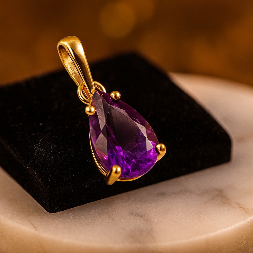NATURAL AMETHYST GEMSTONE 14KT YELLOW GOLD HANDMADE PENDANT JEWELRY: NATURAL AMETHYST GEMSTONE 14KT YELLOW GOLD HANDMADE PENDANT JEWELRY GEMSTONE : AMETHYST STONE SHAPE : PEAR STONE SIZE : 6X8 MM STONE WEIGHT : 0.95 CTS METAL : YELLOW GOLD METAL PURITY : 14 KT