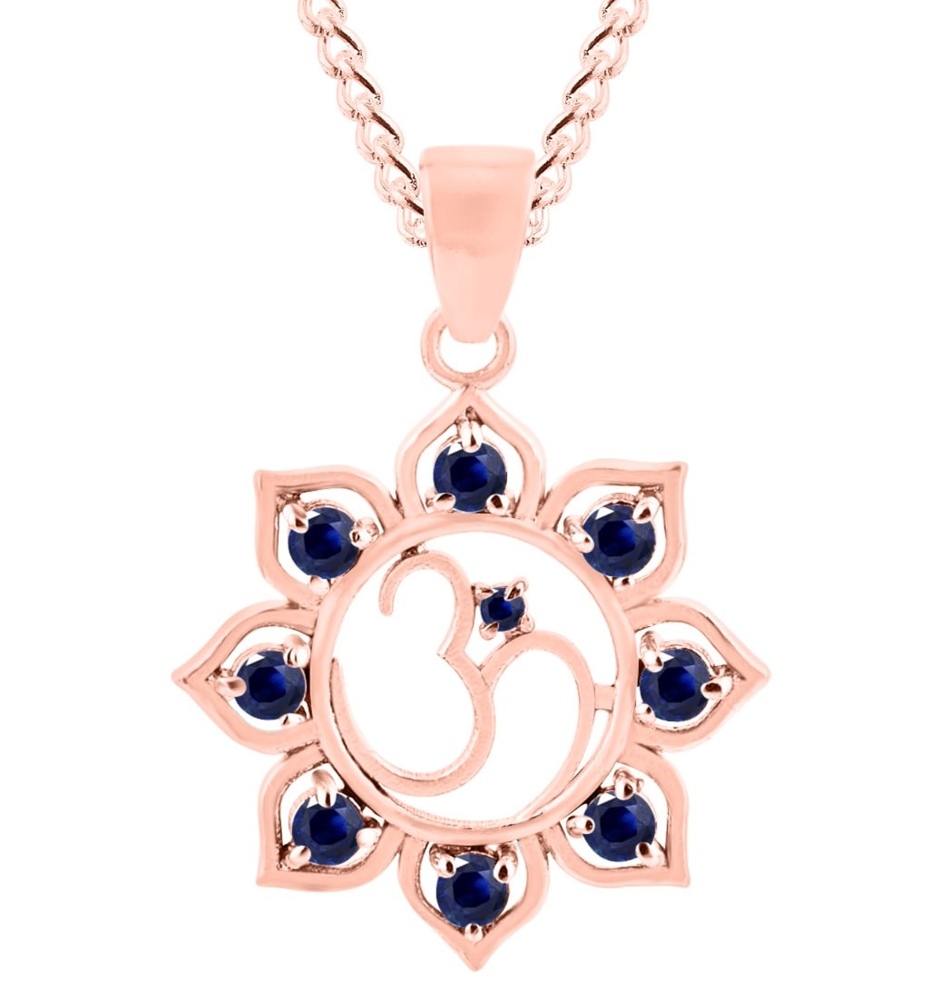 Natural Blue Sapphire 14 KT Rose Gold Pendant: Natural Blue Sapphire 14 KT Rose Gold Pendant Jewelry Type : Pendant Main Stone : Blue Sapphire Main Stone Shape & Size : Round 2 MM (9 PIECES) Main Stone Color : Blue