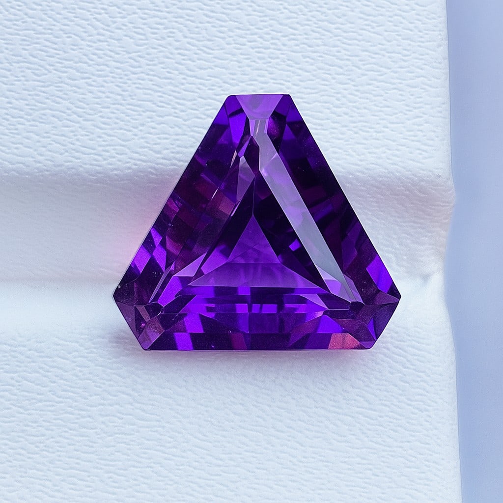 Natural Amethyst Trillion Faceted Cut 6.55 Cts. Gemstone: Natural Amethyst Trillion Faceted Cut 6.55 Cts. Gemstone Gemstone : Amethyst Shape : Trillion Size : 12x14x8 MM Color : Purple Type : Faceted Cut Quantity : 1 Piece Weight