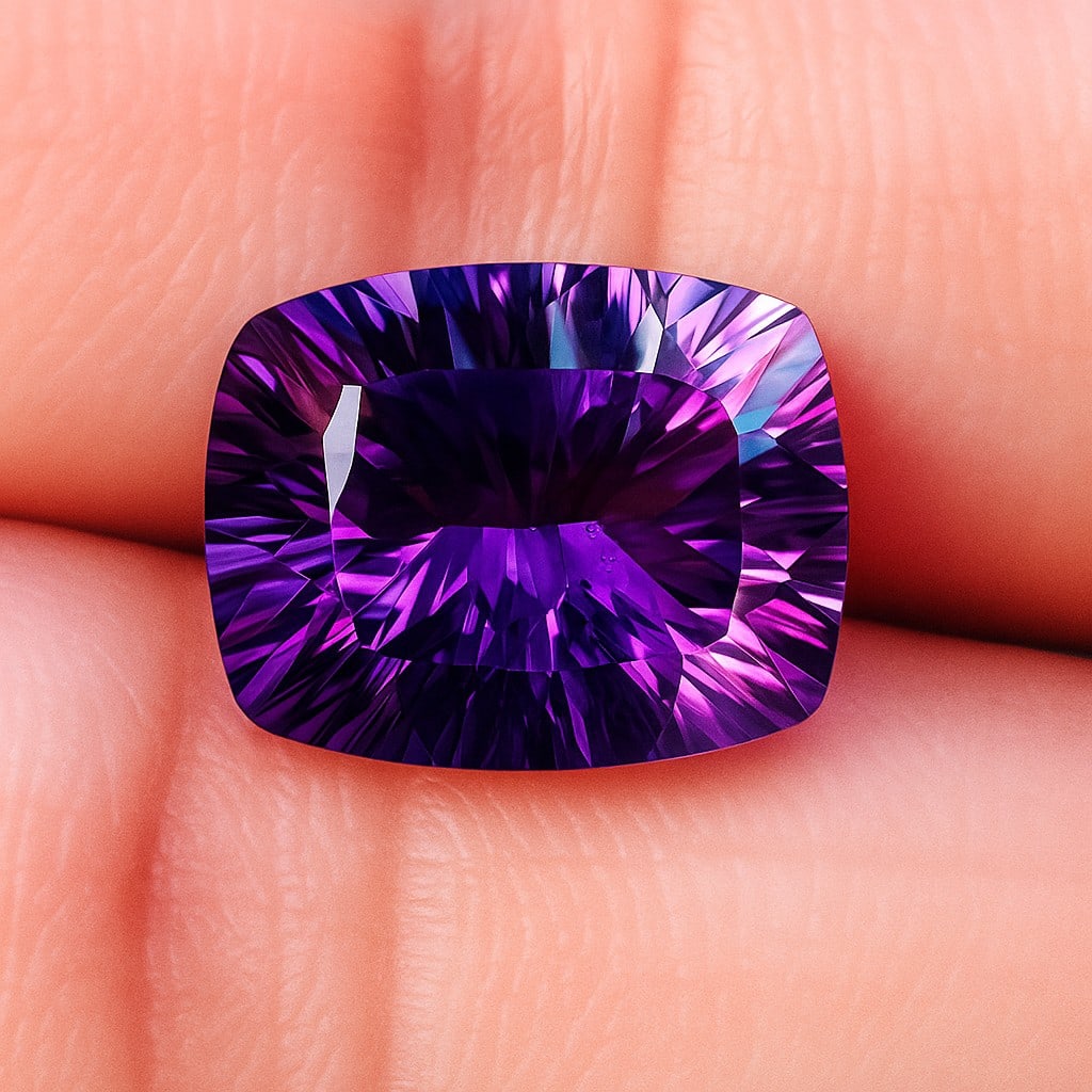 Natural Amethyst Cushion Concave Cut 6.85 Carats Gemstone: Natural Amethyst Cushion Concave Cut 6.85 Carats Gemstone Gemstone : Amethyst Stone Shape : Cushion Stone Cutting Type : Concave Cut Stone Weight : 6.85 Carats Stone Measurement : 14x10.5x