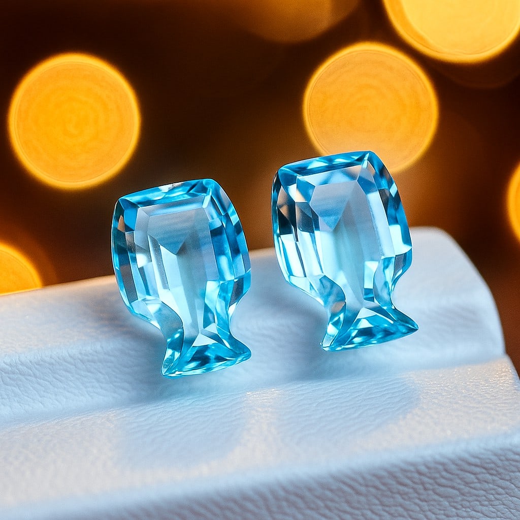 Natural Blue Topaz Bottle Shape Hand Cut 9.3 Cts. Pair: Natural Blue Topaz Bottle Shape Hand Cut 9.3 Cts. Pair Blue Topaz Shape : Bottle Shape Size : 12x9x5 MM Color : Blue Type : Hand Cut Quantity : 2 Piece Weight : 9.3 Carats