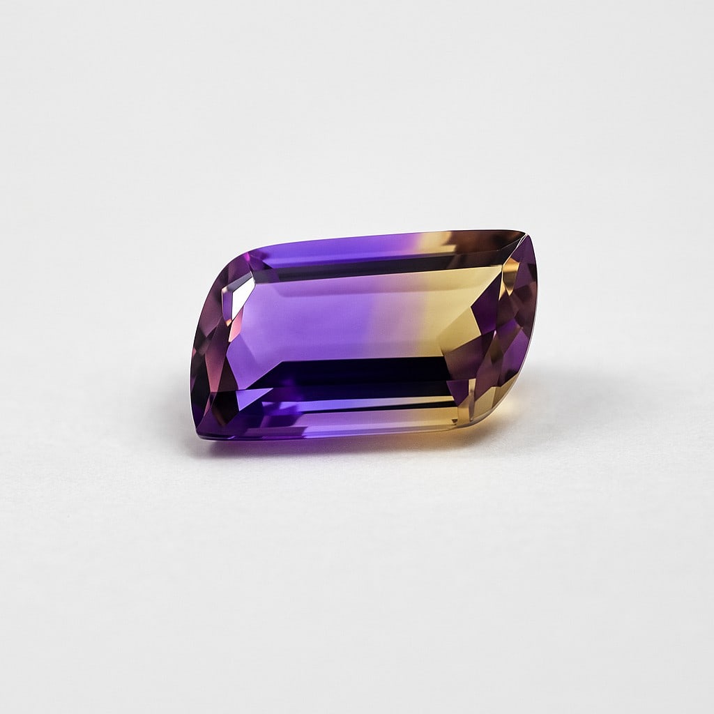 Natural Ametrine 18.85 Ct Fancy Cut Gemstone: Natural Ametrine 18.85 Ct Fancy Cut Gemstone Gemstone : Ametrine Shape : Fancy Size : 22x13x9 MM Color : Multicolor Cutting Type : Concave Cutting Quantity : 1 Piece Weight : <