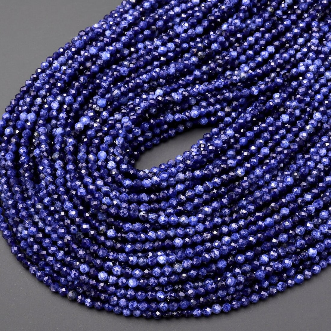 Natural Sodalite Gemstone 3 mm Round Micro Faceted Beads 10 Strand: Natural Sodalite Gemstone 3 mm Round Micro Faceted Beads 10 Strand Product Type : Loose Beads Strand Gemstone : Sodalite Beads Shape : Round Micro Faceted Beads Size : 3 mm Quantity : 10 L