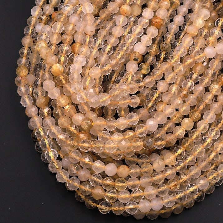 Natural Golden Rutile Quartz Gemstone 3 mm Round Micro Faceted Beads 10 Strand (1 of 4)