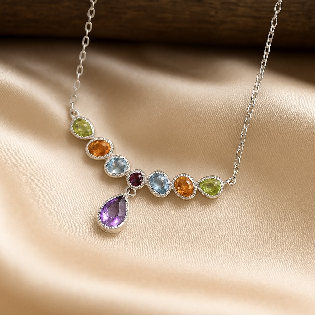 Natural Multi Gemstone 92.5 Sterling Silver Adjustable Necklace: Natural Multi Gemstone 92.5 Sterling Silver Adjustable Necklace Jewelry Type : Necklace Gemstone : Citrine, Peridot, Topaz, Tourmaline Gemstone Shape : Pear, Oval Gemstone Size : 7x5 MM, 4x3 MM Metal