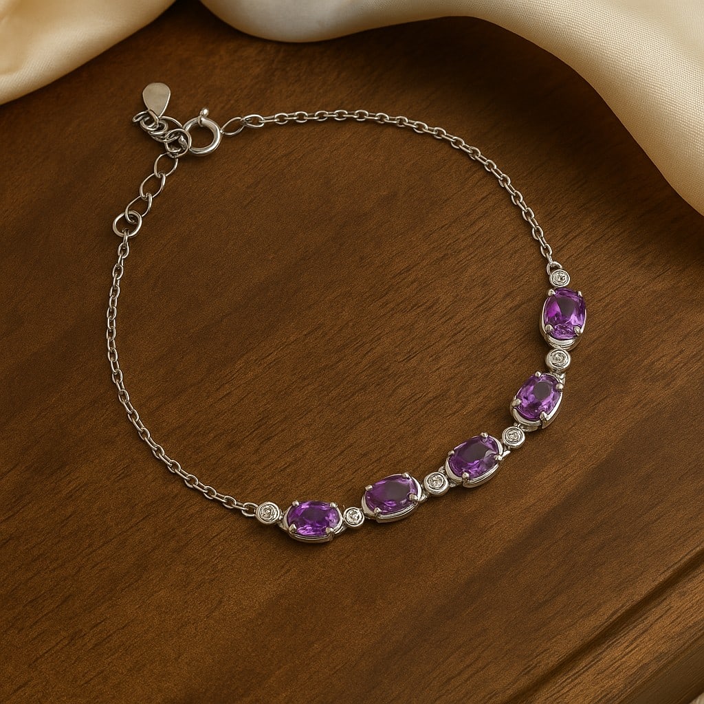 Natural Amethyst Gemstone 92.5 Sterling Silver Adjustable Bracelet (1 of 4)