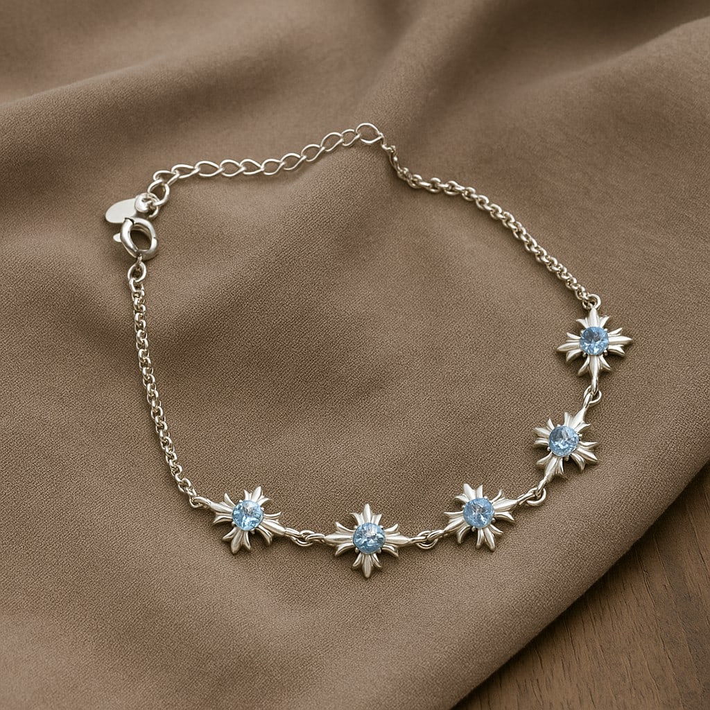 Natural Swiss Blue Topaz Gemstone 92.5 Sterling Silver Adjustable Bracelet: Natural Swiss Blue Topaz Gemstone 92.5 Sterling Silver Adjustable Bracelet Jewelry Type : Bracelet Gemstone : Swiss Blue Topaz Gemstone Shape : Round Gemstone Size : 3 MM Metal : Sterling Silver