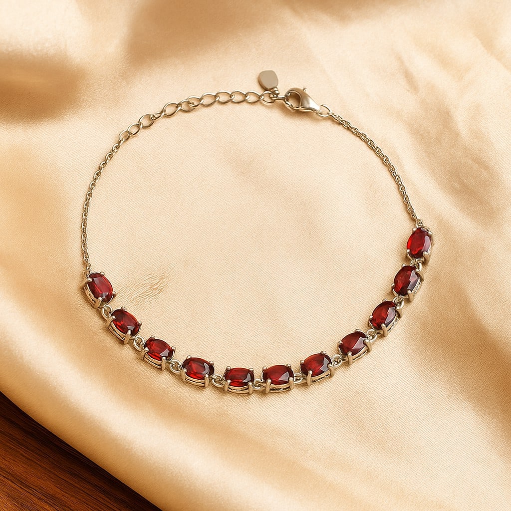 Natural Garnet Gemstone 92.5 Sterling Silver Adjustable Bracelet (1 of 6)