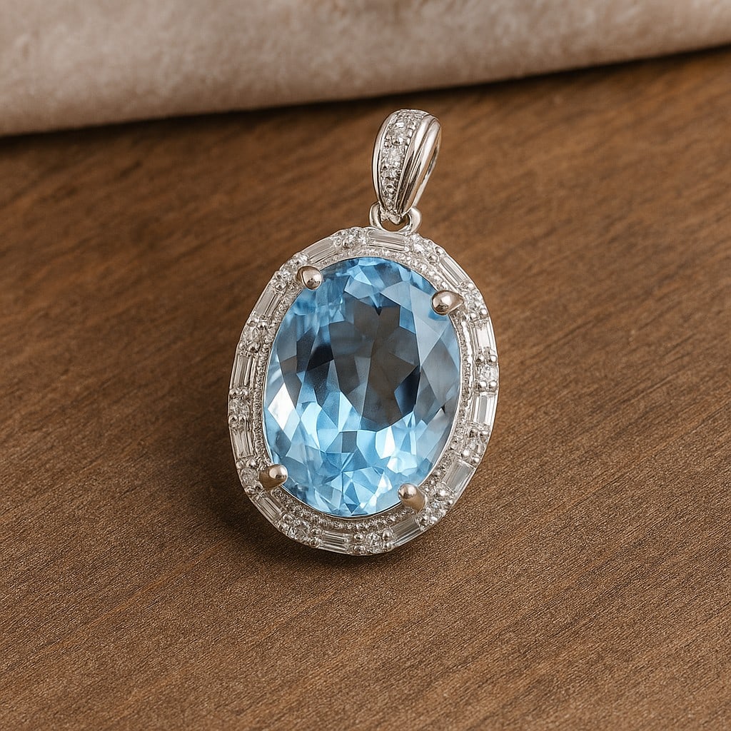 Natural Blue Topaz Gemstone 92.5 Sterling Silver Pendant (1 of 6)