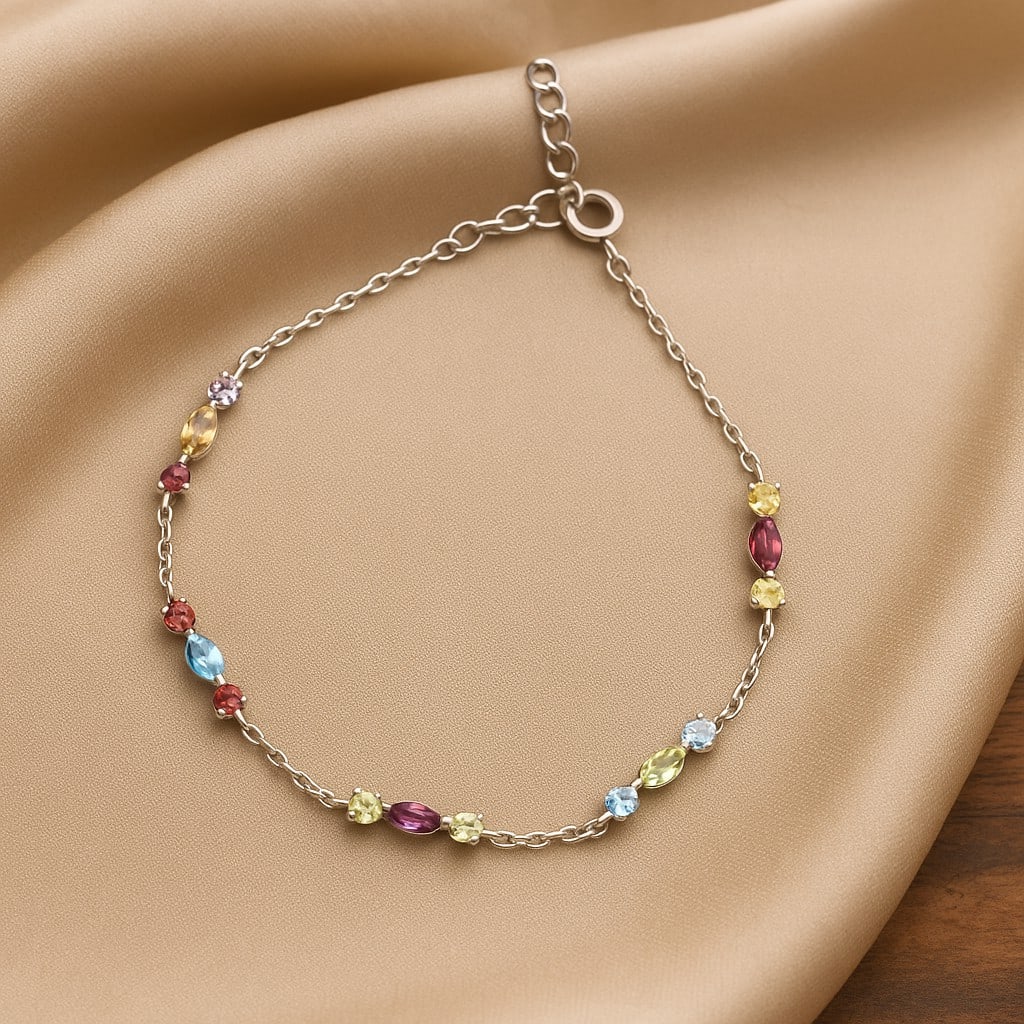 Natural Multi Gemstone 92.5 Sterling Silver Adjustable Bracelet: Natural Multi Gemstone 92.5 Sterling Silver Adjustable Bracelet Jewelry Type : Bracelet Gemstone : Peridot, Garnet, Citrine, Topaz, Tourmaline Gemstone Shape : Marquise, Round Gemstone Size : 2x4 MM, 