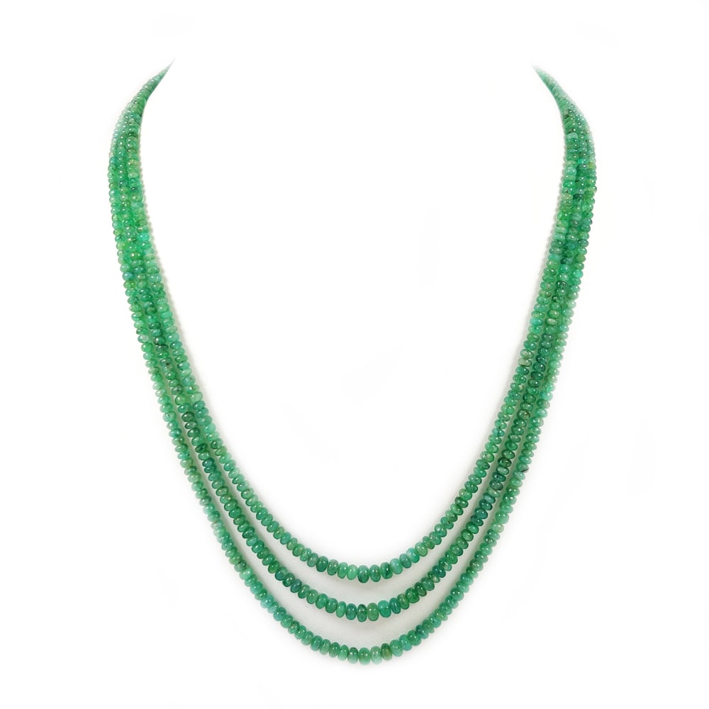 EMERALD PLAIN BEADS NECKLACE 3 STRAND: PRODUCT DESCRIPTION - NATURAL EMERALD GEMSTONE 3 to 5 MM PLAIN BEADS NECKLACE 3 STRAND Product Type : Beads Necklace Gemstone : Emerald Color : Green Beads Shape : Round Beads Size : 3 MM to 5 MM Neck