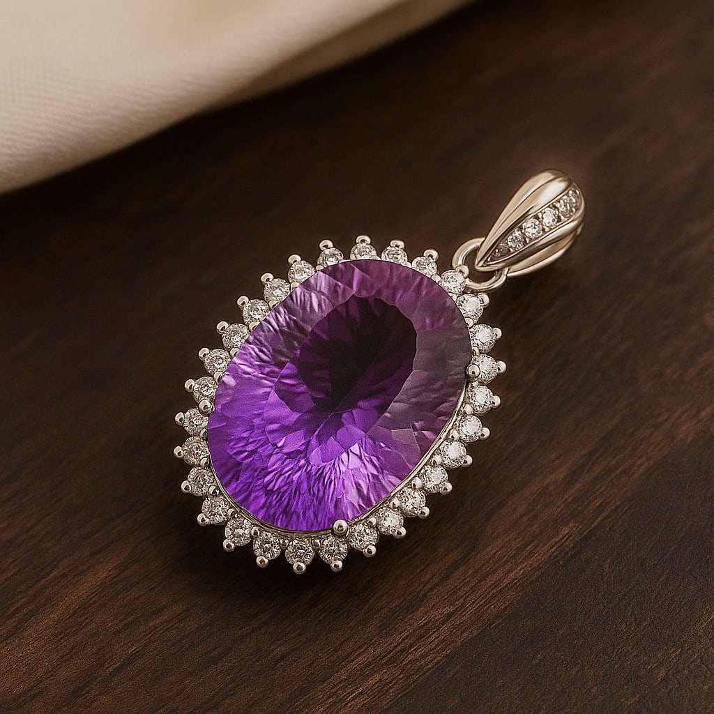 Natural Amethyst Gemstone 92.5 Sterling Silver Pendant: Natural Amethyst Gemstone 92.5 Sterling Silver Pendant Jewelry Type : Pendant Gemstone : Amethyst Gemstone Shape : Oval Gemstone Size : 14x10 MM Metal : Sterling Silver Metal Purity : 9