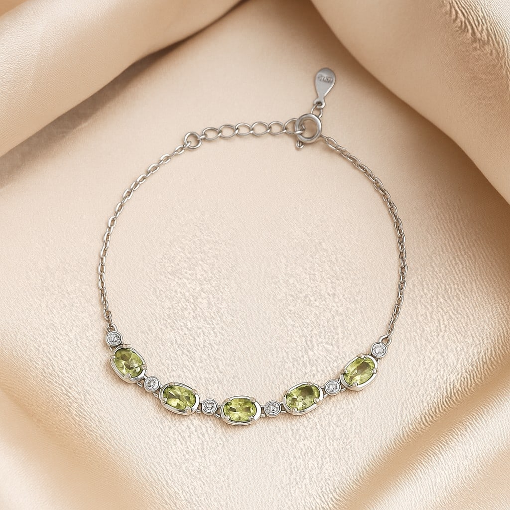 Natural Peridot Gemstone 92.5 Sterling Silver Adjustable Bracelet (1 of 5)