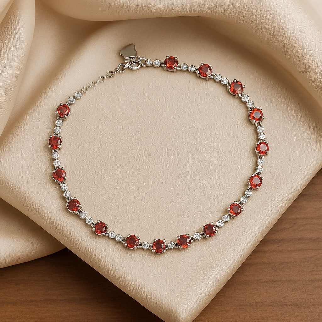 Natural Garnet Gemstone 92.5 Sterling Silver Adjustable Bracelet (1 of 5)