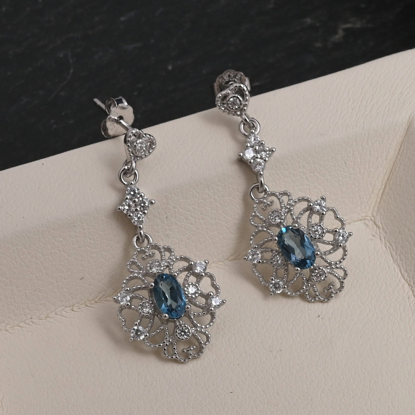 Natural Swiss Blue Topaz Gemstone 92.5 Sterling Silver Push Back Earring (1 of 4)