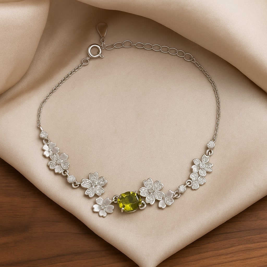 Natural Peridot Gemstone 92.5 Sterling Silver Adjustable Bracelet (1 of 4)