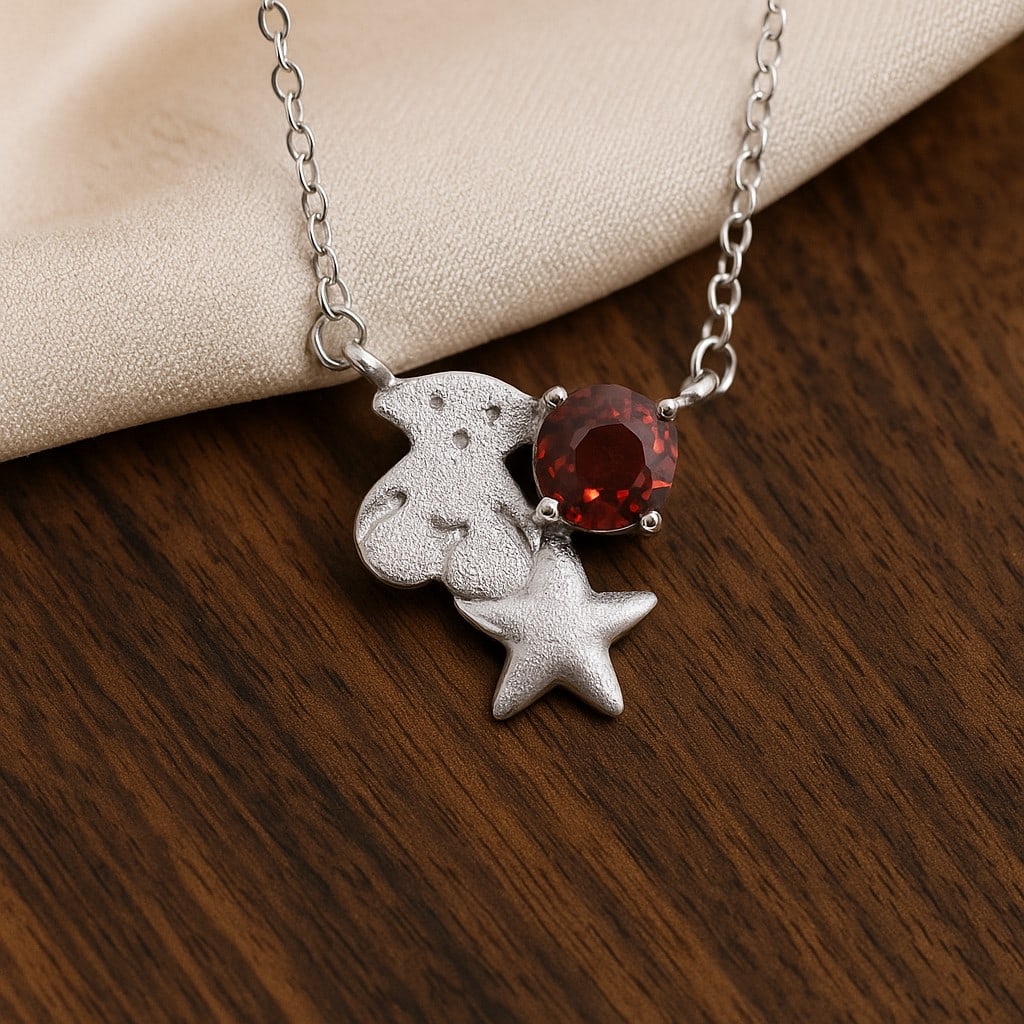 Natural Garnet Gemstone 92.5 Sterling Silver Adjustable Necklace (1 of 5)