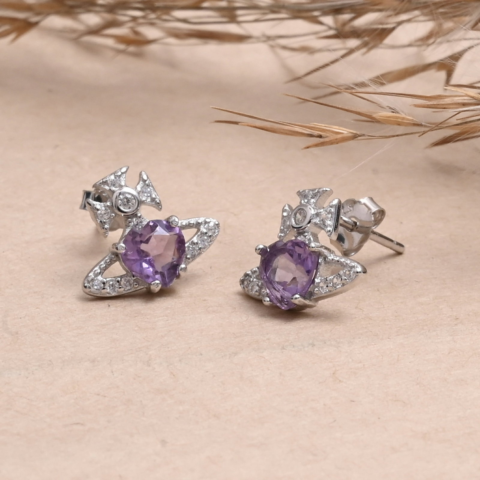 Natural Amethyst Gemstone 92.5 Sterling Silver Push Back Earring (1 of 5)