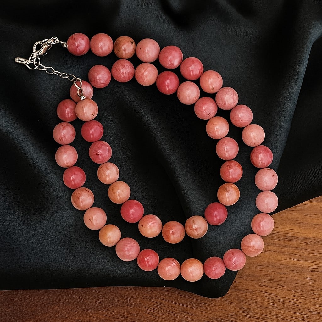 Natural Rhodonite 8 MM Round Smooth Beads Necklace: Natural Rhodonite 8 MM Round Smooth Beads Necklace Gemstone : Rhodonite Shape : Round Beads Beads Size : 8 MM Beads Type : Smooth Necklace Length : 17.5 Inches + 2.5 Inches Adjustable Chain