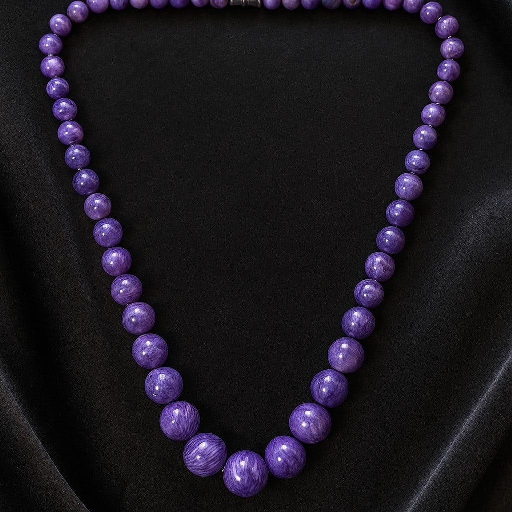 Natural Charoite Gemstone Round Smooth Beads Necklace: Natural Charoite Gemstone 9 - 16 MM Round Beads Necklace Jewelry Type : Necklace Gemstone : Charoite Gemstone Shape and Size : Round 9 - 16 MM Necklace Length : 22 Inches Necklace Weight :