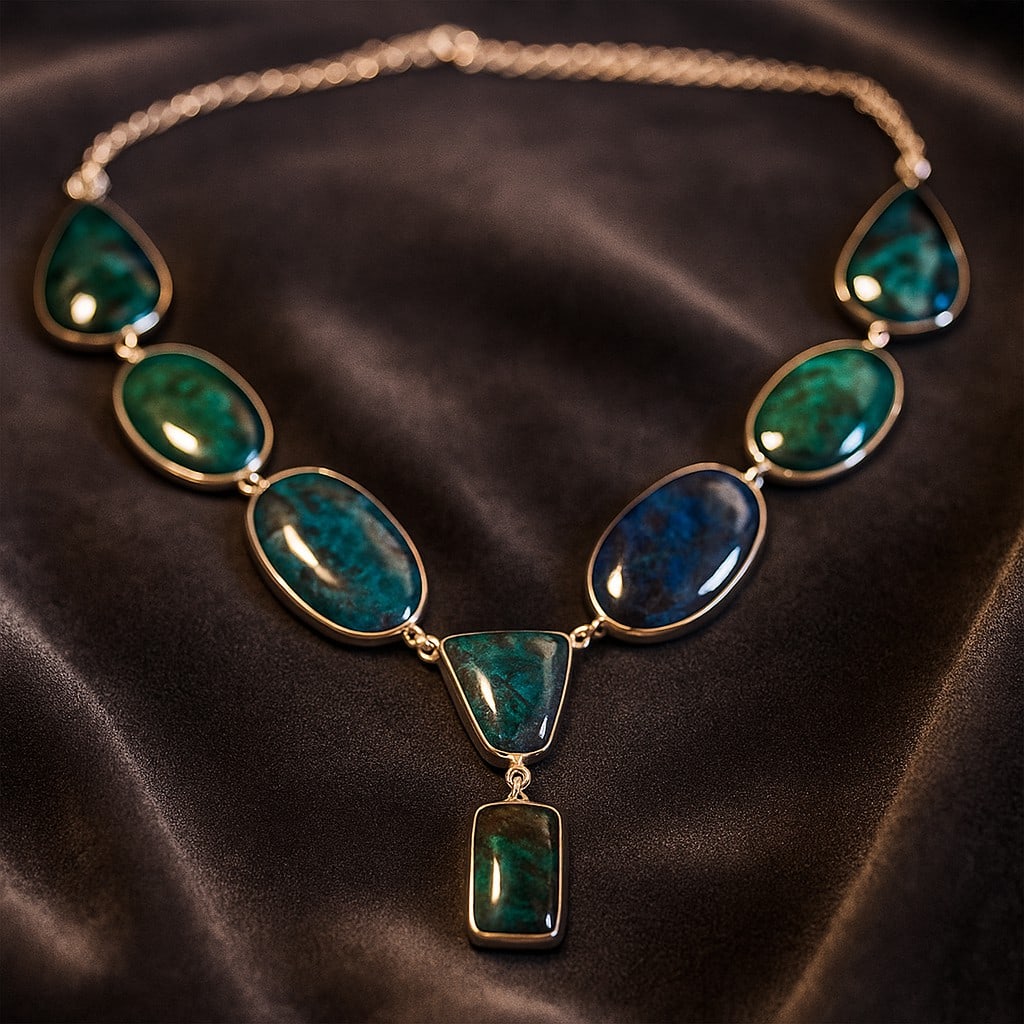 AZURITE GEMSTONE 92.5 STERLING SILVER HANDAMDE NECKLACE: AZURITE GEMSTONE 92.5 STERLING SILVER HANDAMDE NECKLACE Product Type : NECKLACE Main Stone : AZURITE Main Stone Shape : MIX Main Stone Size : MIX Main Stone Color : MULTICOLOR Metal : STERLING SILVER 