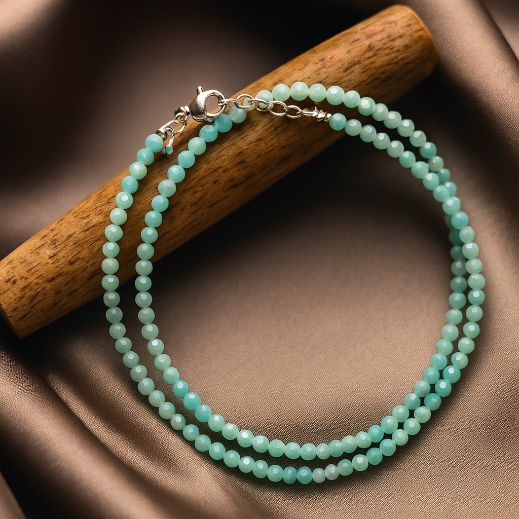 Natural Amazonite Gemstone 3 MM Round Micro Faceted Beads Necklace: Natural Amazonite Gemstone 3 MM Round Micro Faceted Beads Necklace Gemstone : Amazonite Shape : Round Beads Beads Size : 3 MM Beads Type : Micro Faceted Necklace Length : 17.5 Inches + 2.5 Inches
