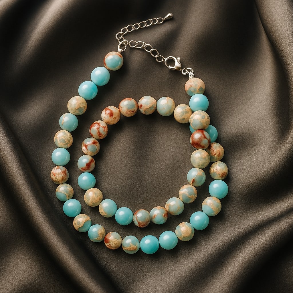 Natural Aqua Terra Jasper 8 MM Round Smooth Beads Necklace: Natural Aqua Terra Jasper 8 MM Round Smooth Beads Necklace Gemstone : Aqua Terra Jasper Shape : Round Beads Beads Size : 8 MM Beads Type : Smooth Necklace Length : 17.5 Inches + 2.5 Inches Adjustab