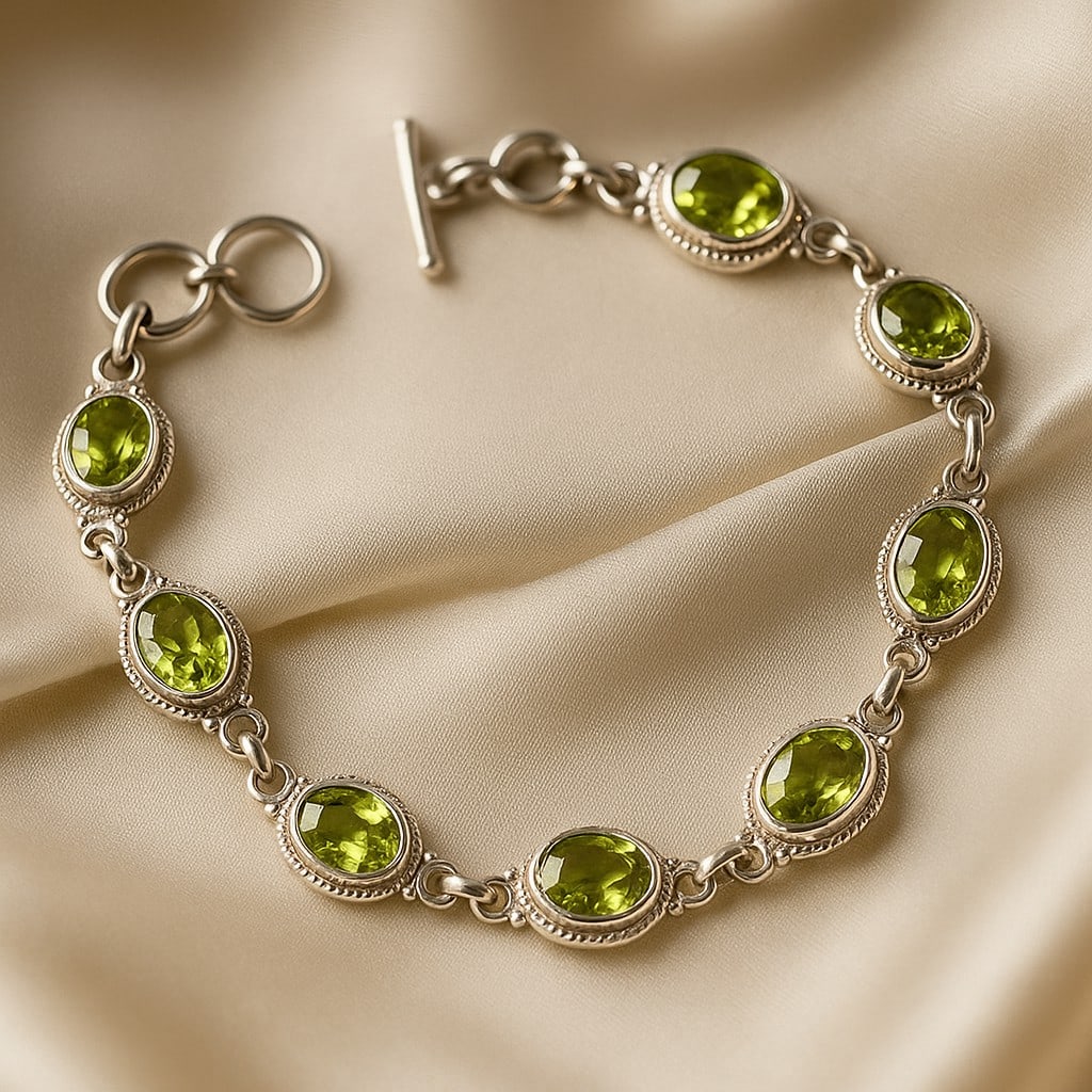PERIDOT 92.5 STERLING SILVER BRACELET: PERIDOT 92.5 STERLING SILVER BRACELET Product Type : BRACELET Main Stone : PERIDOT Main Stone Shape : OVAL Main Stone Size : 7X5 MM Main Stone Color : GREEN Metal : STERLING SILVER Metal Purity :