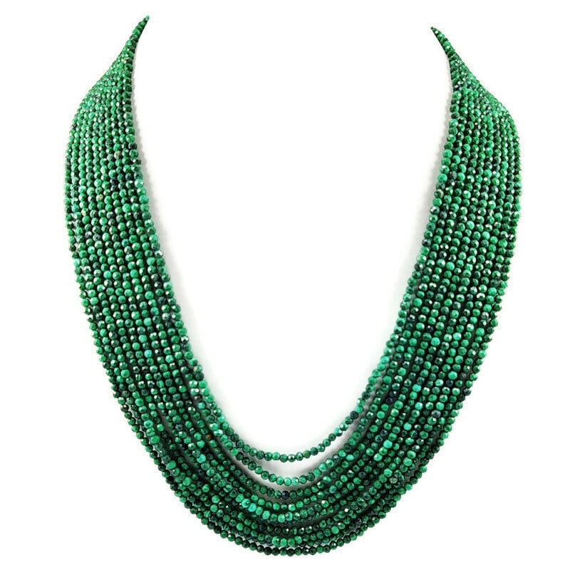 Malachite 3 MM Round Faceted Beads Necklace 10 Strand: Natural Malachite Gemstone 3 MM Round Micro Faceted Cut 10 Strand Beads Necklace Product Type : Beads Necklace Gemstone : Malachite Color : Green Beads Shape : Round Faceted Cut Beads Size : 3 MM Neck