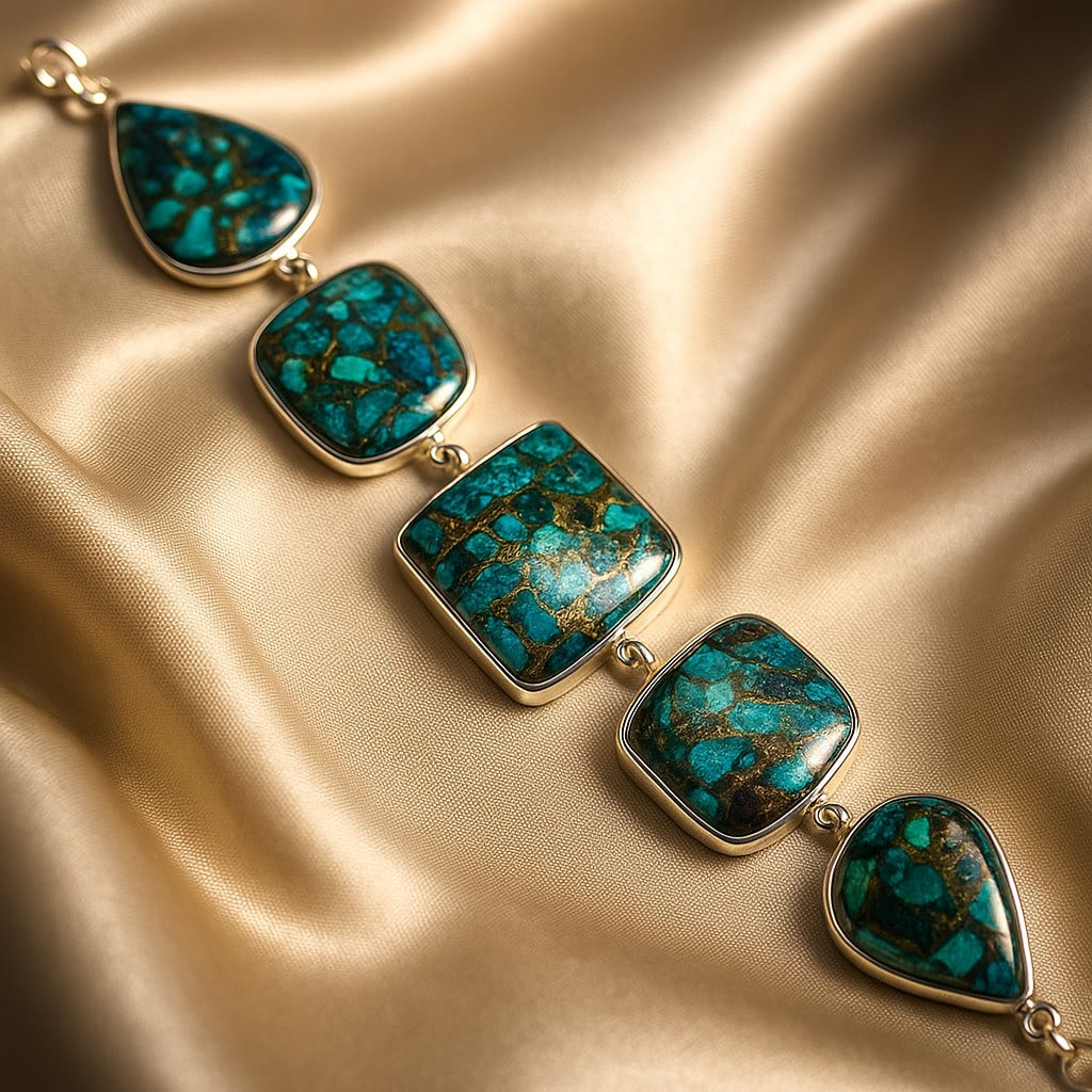 COPPER SHATTUCKITE 92.5 STERLING SILVER BRACELET: COPPER SHATTUCKITE 92.5 STERLING SILVER BRACELET Product Type : BRACELET Main Stone : COPPER SHATTUCKITE Main Stone Shape : MIX Main Stone Size : MIX MM Main Stone Color : MULTICOLOR Metal : STERLING 