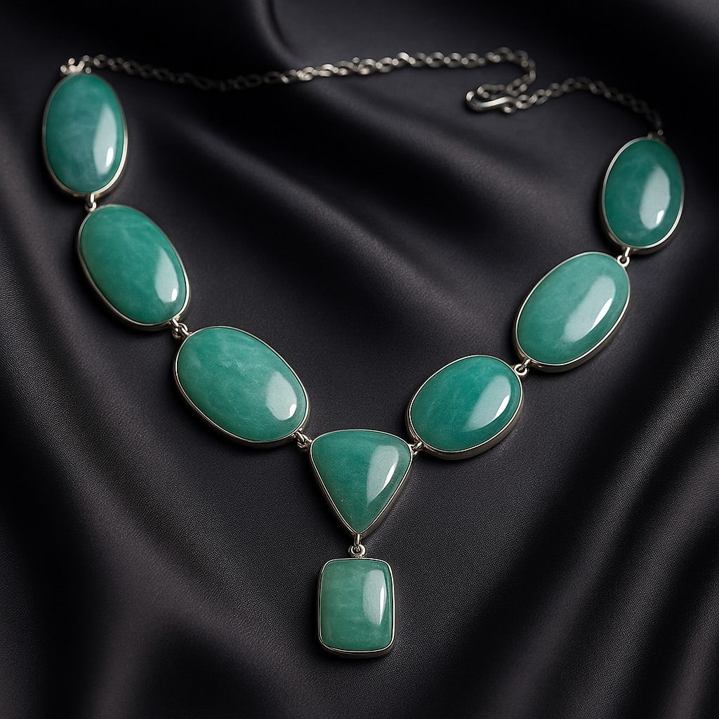 AMAZONITE GEMSTONE 92.5 STERLING SILVER HANDAMDE NECKLACE: AMAZONITE GEMSTONE 92.5 STERLING SILVER HANDAMDE NECKLACE Product Type : NECKLACE Main Stone : AMAZONITE Main Stone Shape : MIX Main Stone Size : MIX Main Stone Color : AQUA Metal : STERLING SILVER Me