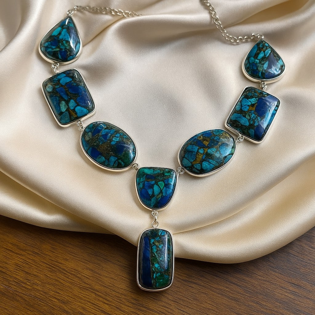 COPPER SHATTUCKITE GEMSTONE 92.5 STERLING SILVER HANDAMDE NECKLACE: COPPER SHATTUCKITE GEMSTONE 92.5 STERLING SILVER HANDAMDE NECKLACE Product Type : NECKLACE Main Stone : COPPER SHATTUCKITE Main Stone Shape : MIX Main Stone Size : MIX Main Stone Color : MULTICOLOR Me