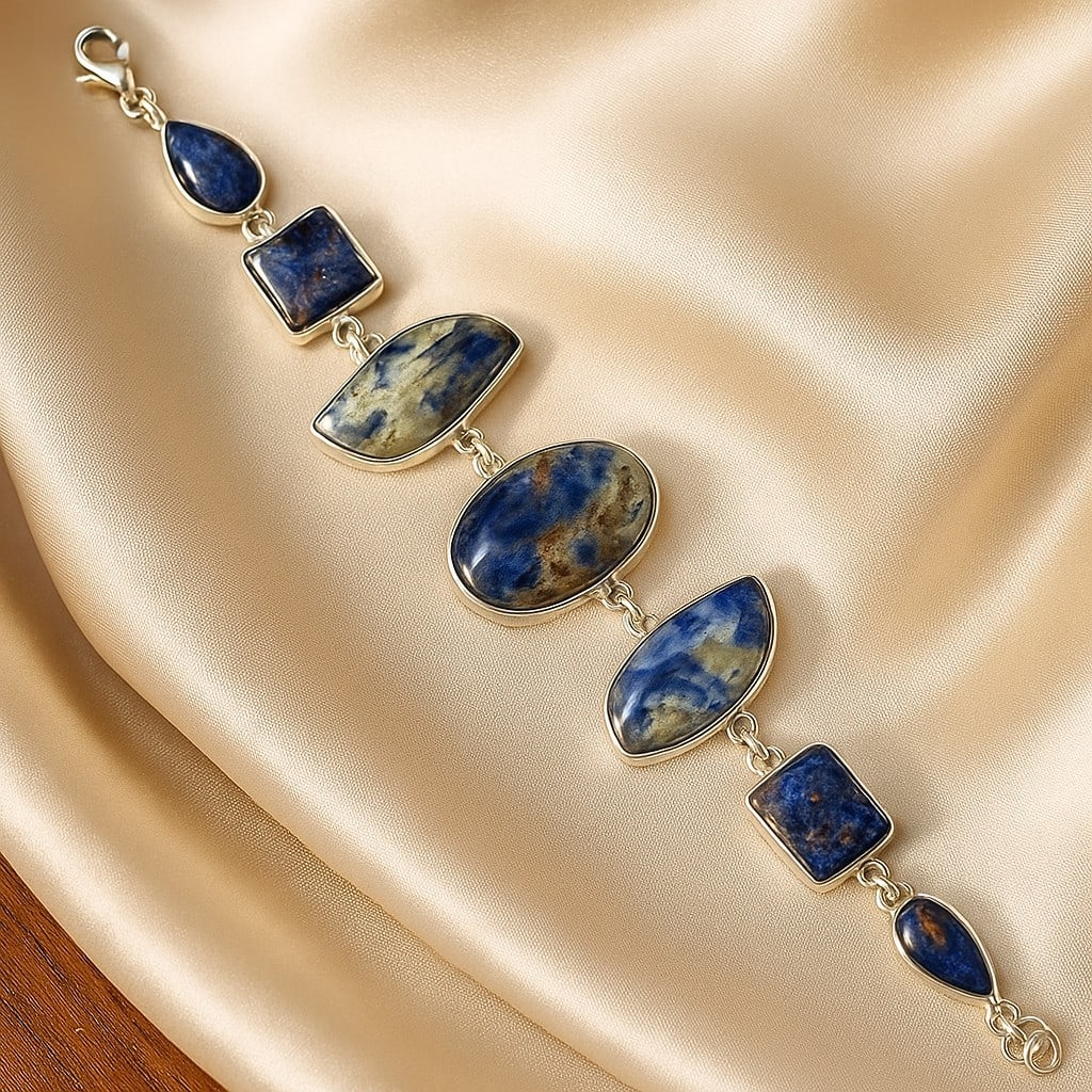 SODALITE 92.5 STERLING SILVER BRACELET: SODALITE 92.5 STERLING SILVER BRACELET Product Type : BRACELET Main Stone : SODALITE Main Stone Shape : MIX Main Stone Size : MIX MM Main Stone Color : MULTICOLOR Metal : STERLING SILVER Metal Purity 