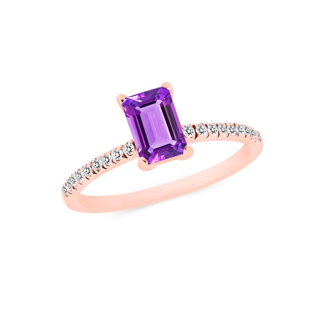 Natural Amethyst & Diamond 14 KT Rose Gold Ring: Natural Amethyst & Diamond 14 KT Rose Gold Ring Jewelry Type : Ring Main Stone : Amethyst Main Stone Shape & Size : Octagon 7x5 MM Main Stone Color : Purple Diamond Shape & Size : Round 1.25 MM