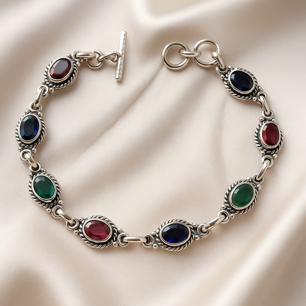EMERALD/RUBY/SAPPHIRE 92.5 STERLING SILVER BRACELET (1 of 4)