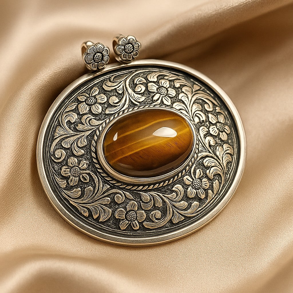 TIGER'S EYE GEMSTONE 925 STERLING SILVER PENDANT: TIGER'S EYE GEMSTONE 925 STERLING SILVER PENDANT Product Type : PENDANT Main Stone : TIGER'S EYE Main Stone Shape : OVAL Main Stone Size : 27X19 MM Main Stone Color : BROWN Metal : STERLING SILVER Met