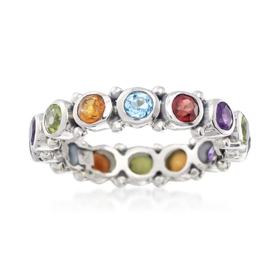 Natural Multi Gemstone 925 Sterling Silver Ring: Natural Multi Gemstone 925 Sterling Silver Ring Jewelry Type : Ring Main Stone : Amethyst, Blue Topaz, Garnet, Peridot, Citrine Main Stone Shape and Size : Round 3 MM Main Stone Color : Multicolor Met