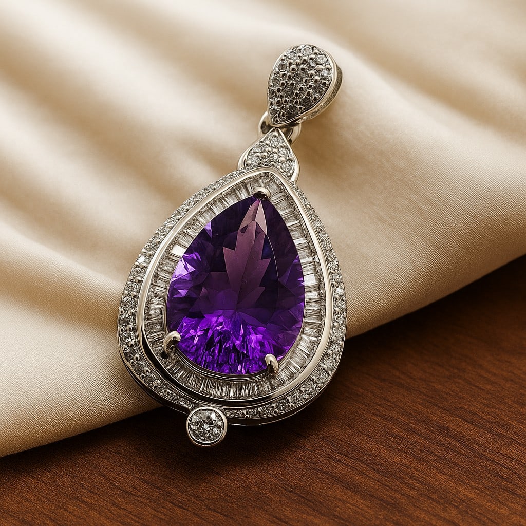 Natural Amethyst Gemstone 92.5 Sterling Silver Pendant: Natural Amethyst Gemstone 92.5 Sterling Silver Pendant Jewelry Type : Pendant Gemstone : Amethyst Gemstone Shape : Pear Gemstone Size : 14x10 MM Metal : Sterling Silver Metal Purity : 92