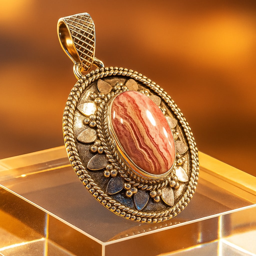 RHODOCHROSITE GEMSTONE 925 STERLING SILVER PENDANT: RHODOCHROSITE GEMSTONE 925 STERLING SILVER PENDANT Product Type : PENDANT Main Stone : RHODOCHROSITE Main Stone Shape : OVAL Main Stone Size : 12X18 Main Stone Color : MULTICOLOR Metal : STERLING SILV