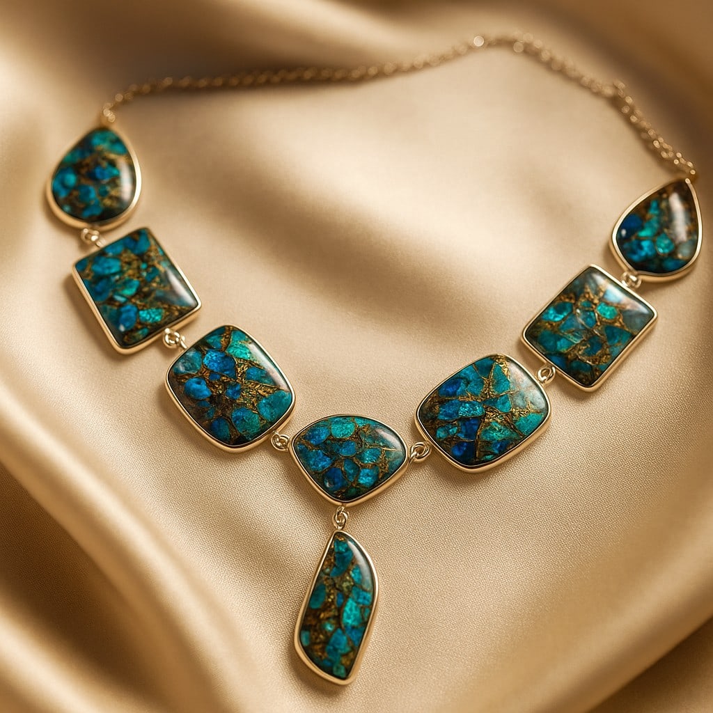 COPPER CHRYSOCOLLA GEMSTONE 92.5 STERLING SILVER HANDAMDE NECKLACE: COPPER CHRYSOCOLLA GEMSTONE 92.5 STERLING SILVER HANDAMDE NECKLACE Product Type : NECKLACE Main Stone : COPPER CHRYSOCOLLA Main Stone Shape : MIX Main Stone Size : MIX Main Stone Color : MULTICOLOR Me