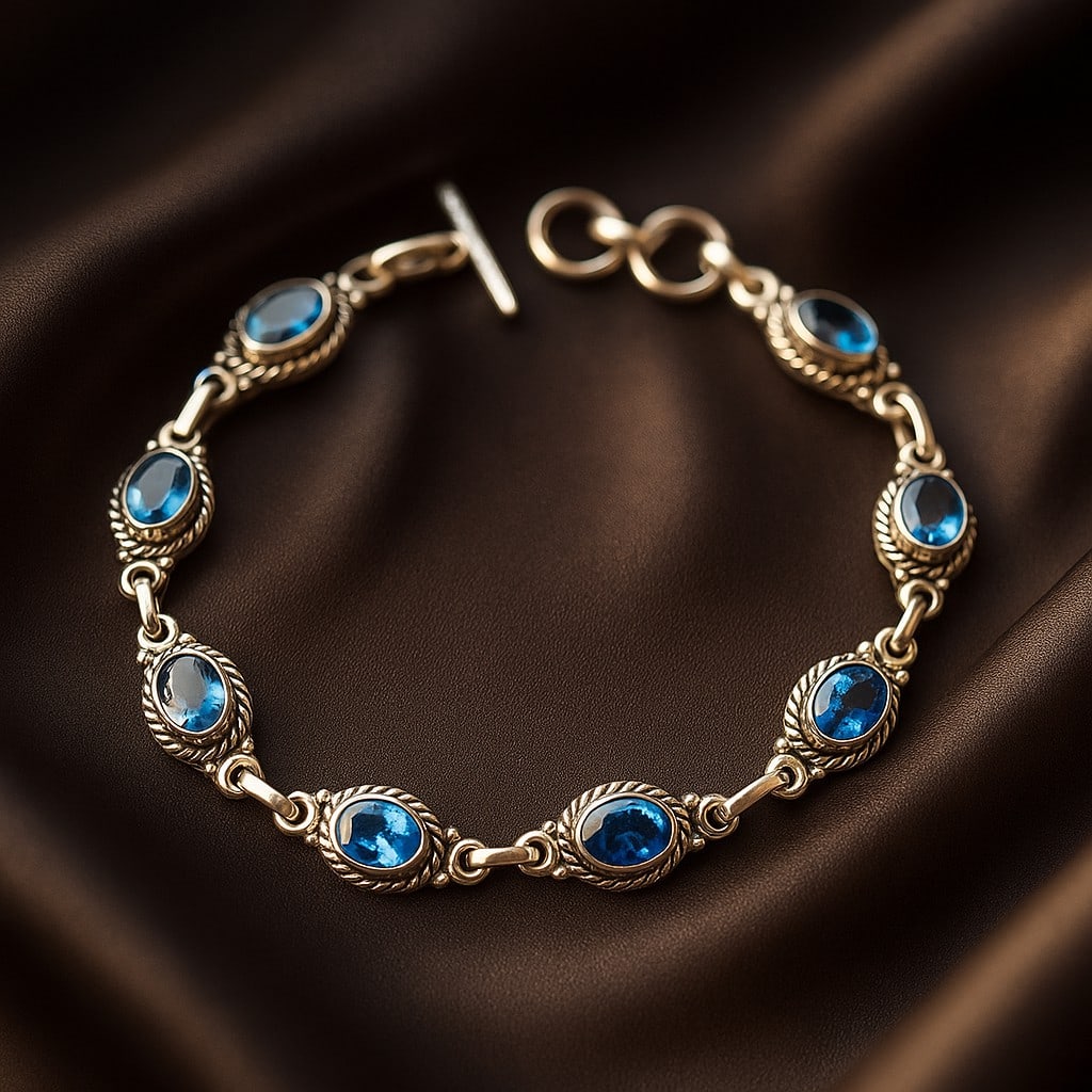 BLUE TOPAZ 92.5 STERLING SILVER BRACELET: BLUE TOPAZ 92.5 STERLING SILVER BRACELET Product Type : BRACELET Main Stone : SWISS BLUE TOPAZ Main Stone Shape : OVAL Main Stone Size : 7X5 MM Main Stone Color : BLUE Metal : STERLING SILVER Metal Pu