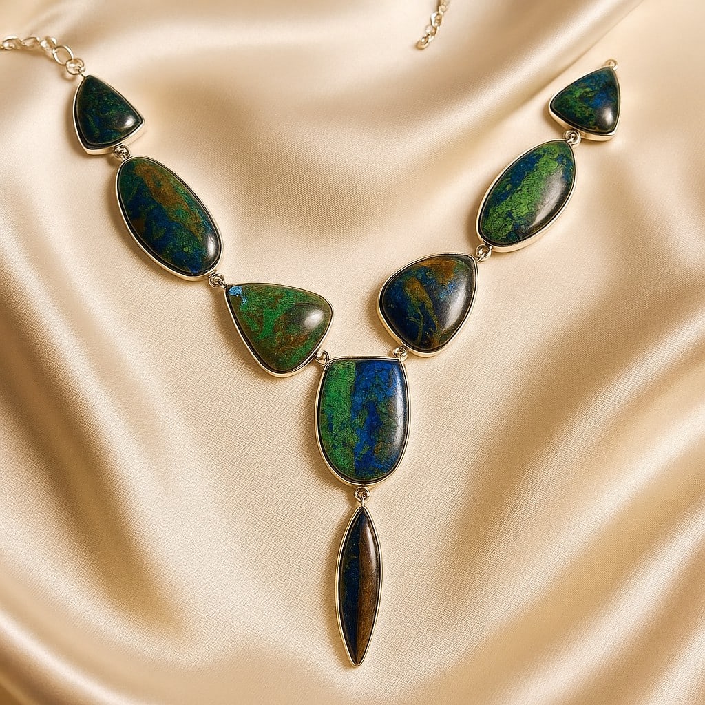 AZURITE MALACHITE GEMSTONE 92.5 STERLING SILVER HANDAMDE NECKLACE: AZURITE MALACHITE GEMSTONE 92.5 STERLING SILVER HANDAMDE NECKLACE Product Type : NECKLACE Main Stone : AZURITE MALACHITE Main Stone Shape : MIX Main Stone Size : MIX Main Stone Color : MULTICOLOR Meta