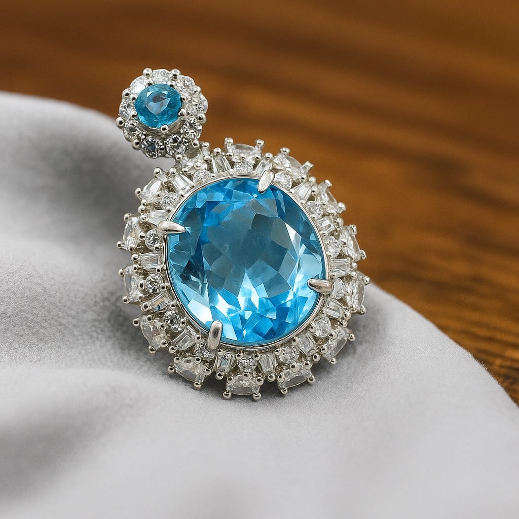 Natural Swiss Blue Topaz Gemstone 92.5 Sterling Silver Pendant: Natural Swiss Blue Topaz Gemstone 92.5 Sterling Silver Pendant Jewelry Type : Pendant Gemstone : Swiss Blue Topaz Gemstone Shape : Oval Gemstone Size : 14x12 MM Metal : Sterling Silver Metal
