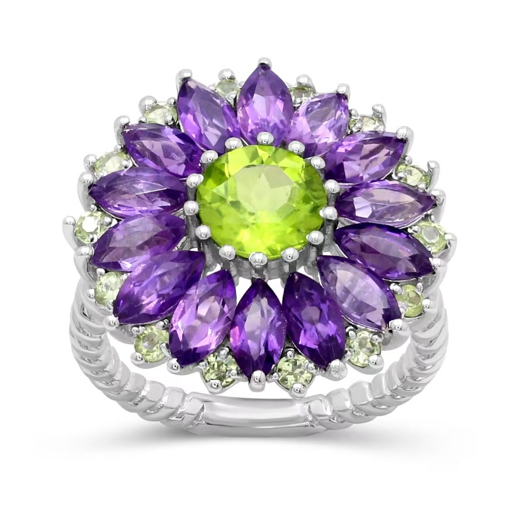 Natural Amethyst & Peridot Gemstone 925 Sterling Silver Ring: Natural Amethyst & Peridot Gemstone 925 Sterling Silver Ring Jewelry Type : Ring Main Stone : Amethyst & Peridot Main Stone Shape and Size : Marquise 6x3 MM , Round 2.2 MM , Round 7 MM Main Stone Colo