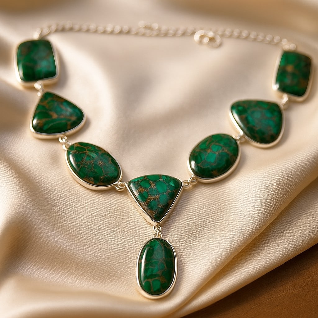 COPPER MALACHITE GEMSTONE 92.5 STERLING SILVER HANDAMDE NECKLACE: COPPER MALACHITE GEMSTONE 92.5 STERLING SILVER HANDAMDE NECKLACE Product Type : NECKLACE Main Stone : COPPER MALACHITE Main Stone Shape : MIX Main Stone Size : MIX Main Stone Color : MULTICOLOR Metal 