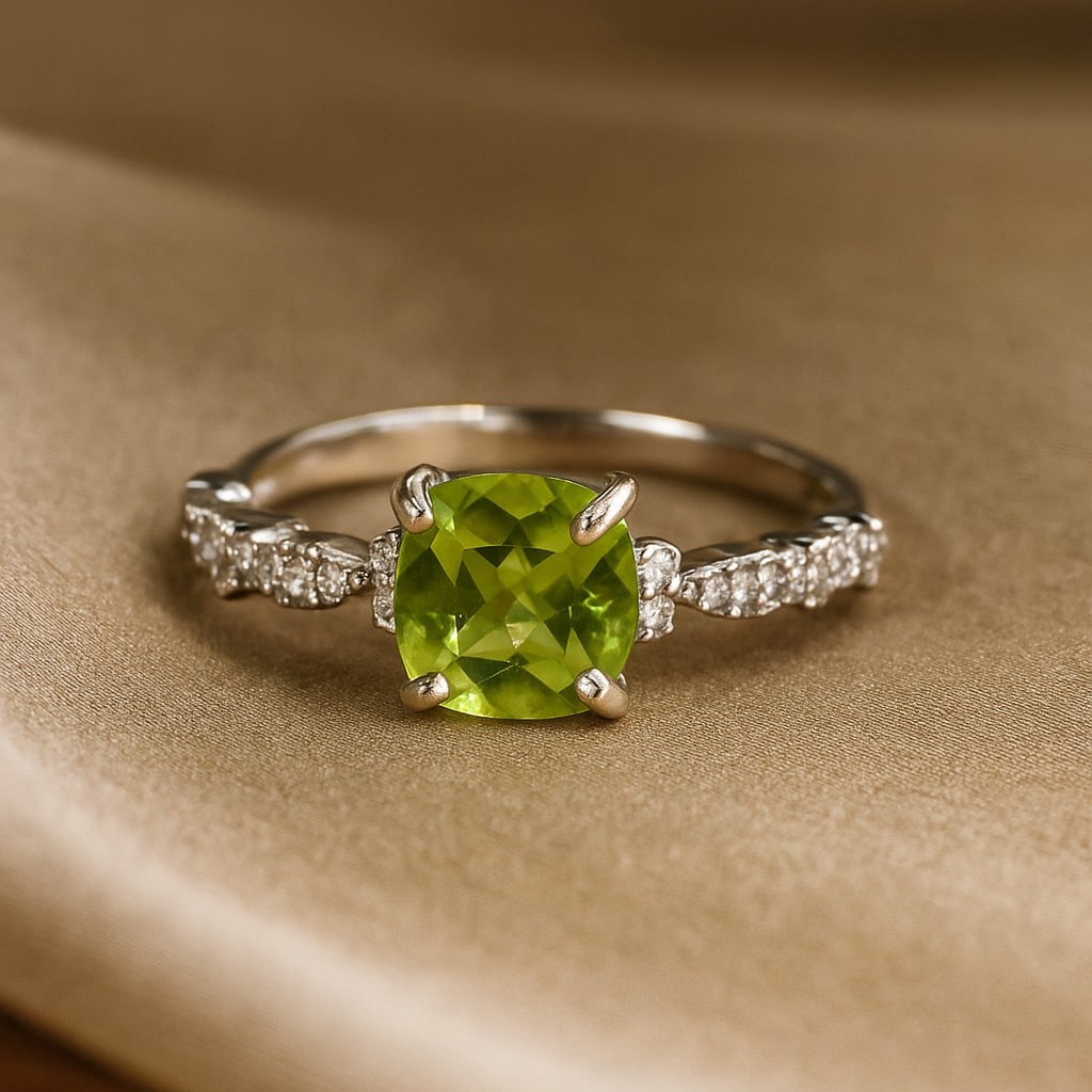 Natural Peridot Gemstone 92.5 Sterling Silver Adjustable Ring: Natural Peridot Gemstone 92.5 Sterling Silver Adjustable Ring Jewelry Type : Ring Gemstone : Peridot Gemstone Shape : Cushion Gemstone Size : 6 MM Metal : Sterling Silver Metal Purity : 92.5 Sterling