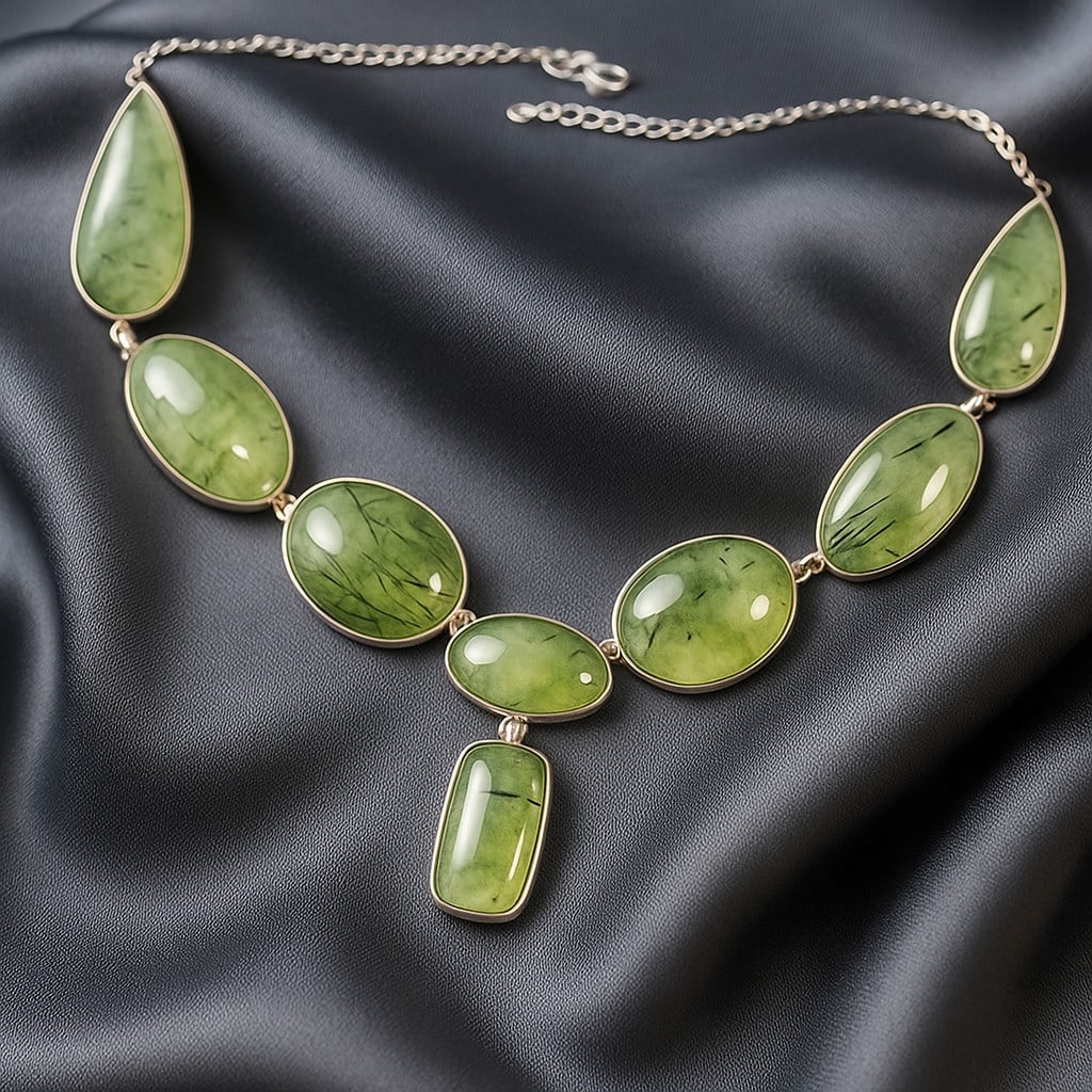 PREHNITE GEMSTONE 92.5 STERLING SILVER HANDAMDE NECKLACE: PREHNITE GEMSTONE 92.5 STERLING SILVER HANDAMDE NECKLACE Product Type : NECKLACE Main Stone : PREHNITE Main Stone Shape : MIX Main Stone Size : MIX Main Stone Color : GREEN Metal : STERLING SILVER Met