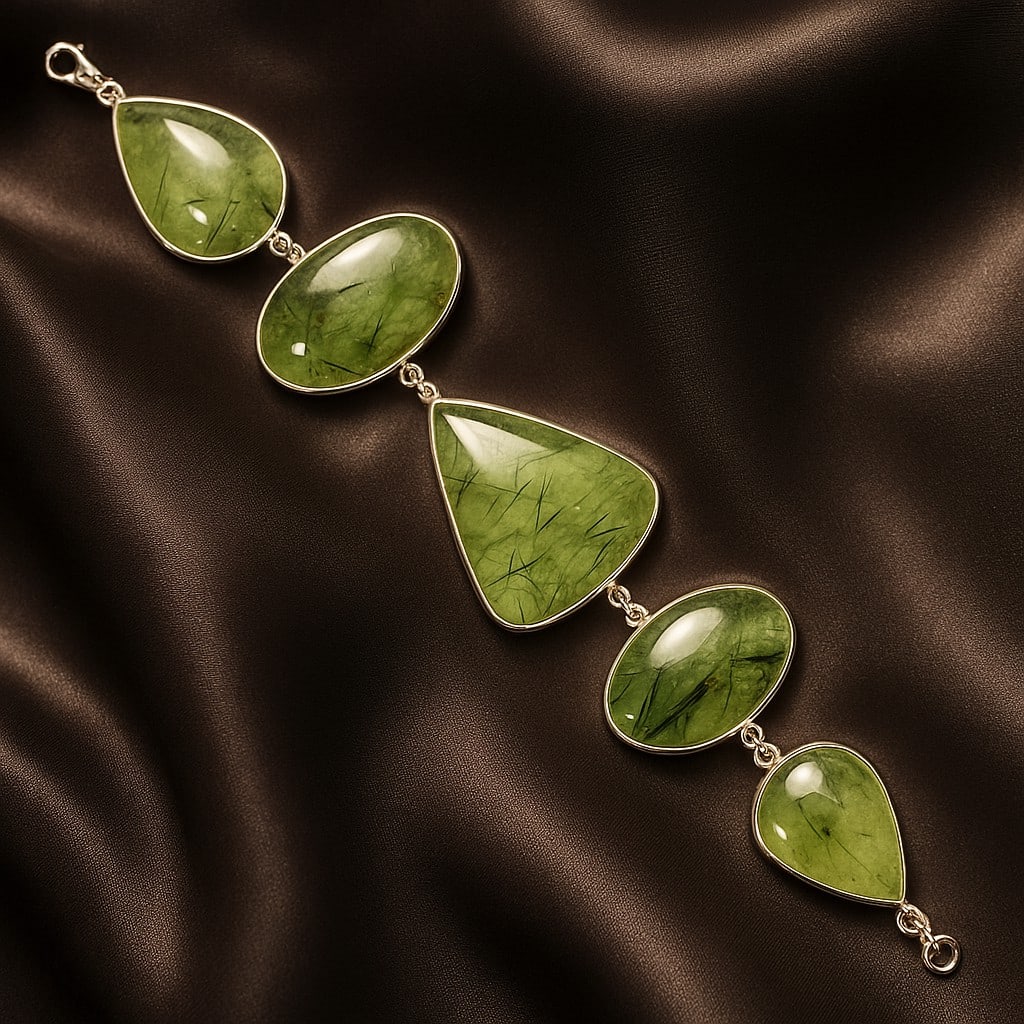 PREHNITE 92.5 STERLING SILVER BRACELET: PREHNITE 92.5 STERLING SILVER BRACELET Product Type : BRACELET Main Stone : PREHNITE Main Stone Shape : MIX Main Stone Size : MIX MM Main Stone Color : MULTICOLOR Metal : STERLING SILVER Metal Purity 