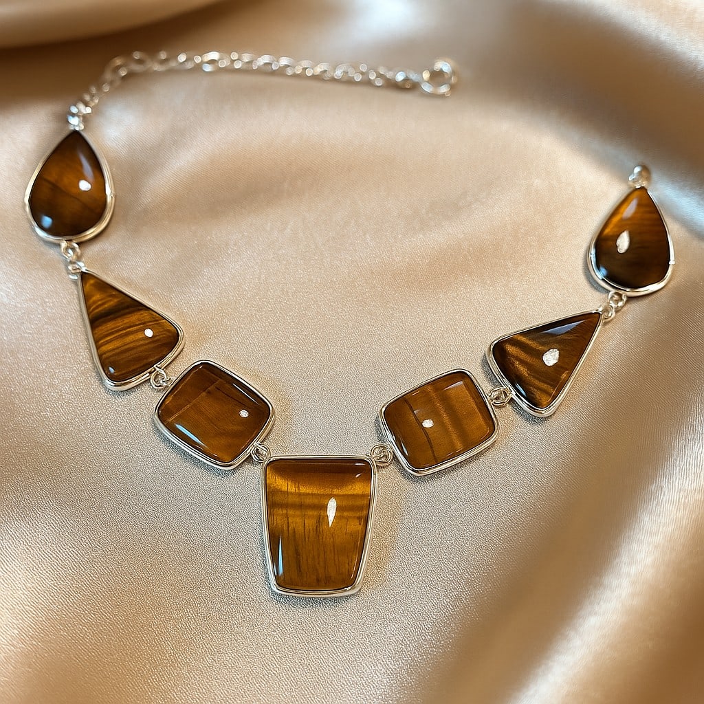 TIGER'S EYE GEMSTONE 92.5 STERLING SILVER HANDAMDE NECKLACE: TIGER'S EYE GEMSTONE 92.5 STERLING SILVER HANDAMDE NECKLACE Product Type : NECKLACE Main Stone : TIGER'S EYE Main Stone Shape : MIX Main Stone Size : MIX Main Stone Color : BROWN Metal : STERLING SILV
